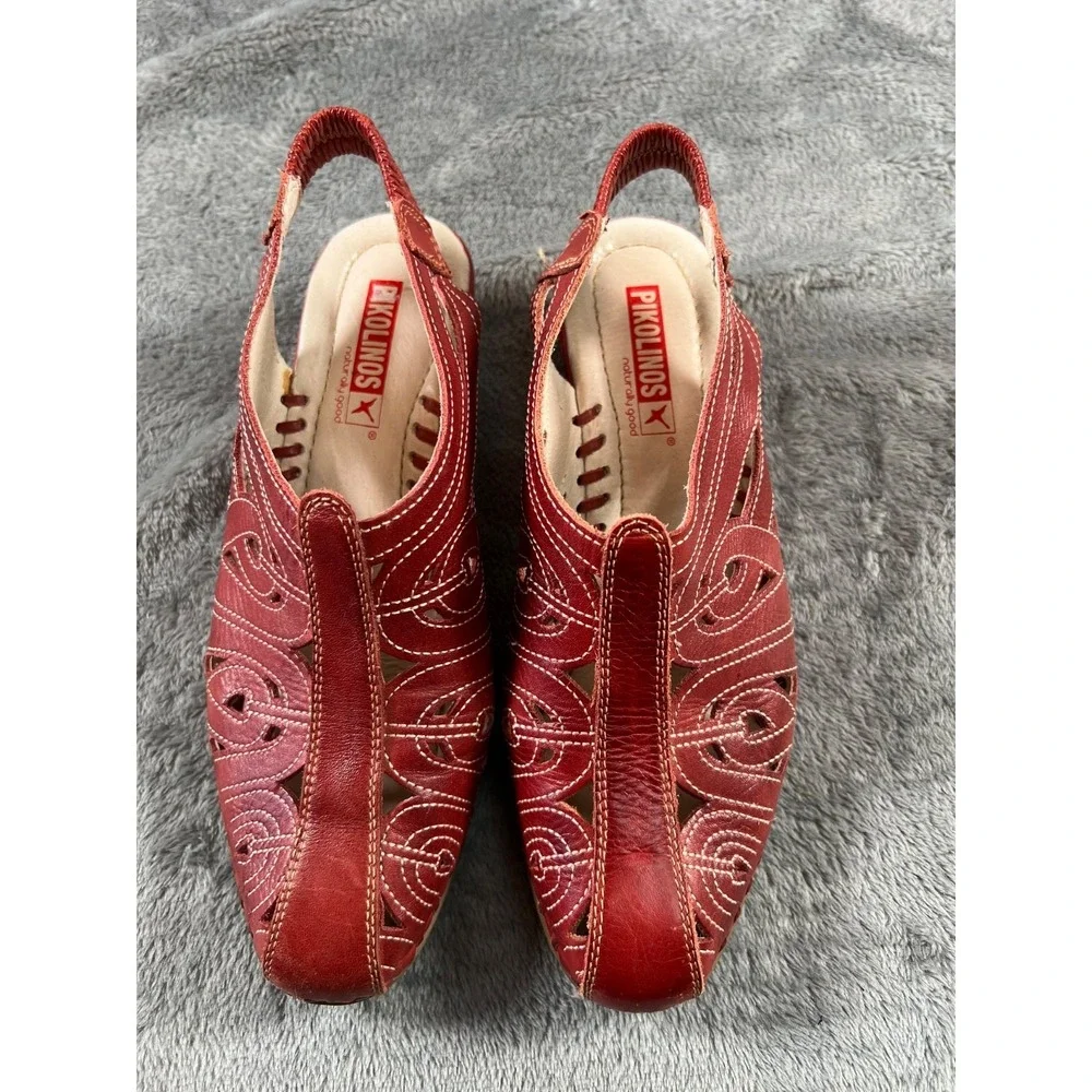 Pikolinos Cutout Wedge Sandals US 7.5 EU 38  Red Leather Boho Lagenlook Comfort